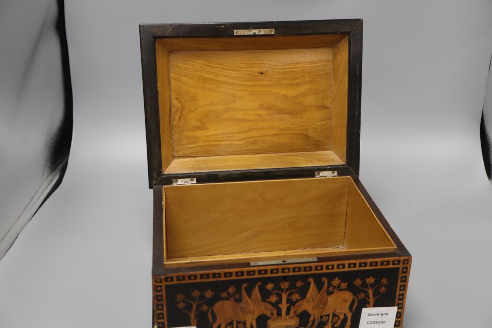 A French neo-classical style inlaid box, depicting Pegasus, length 28cm